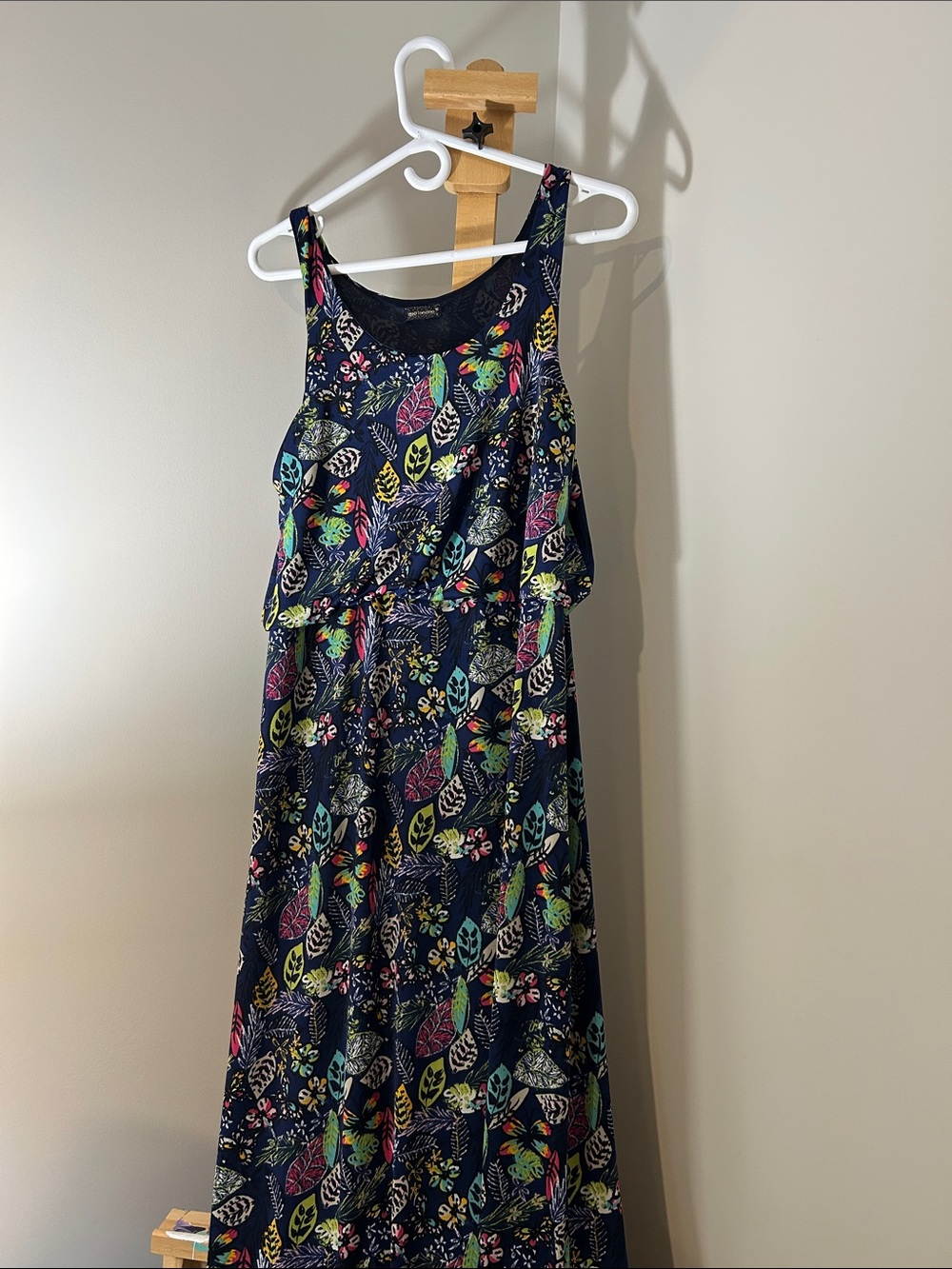 QED London Navy Maxi Dress with Colorful Leaf Print